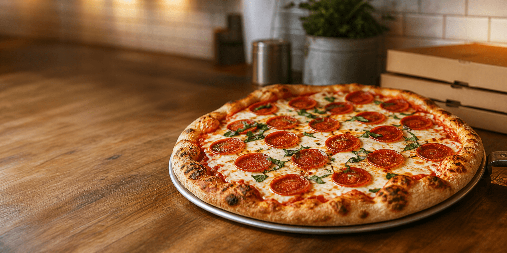 Fresh pepperoni pizza on a pizzeria counter